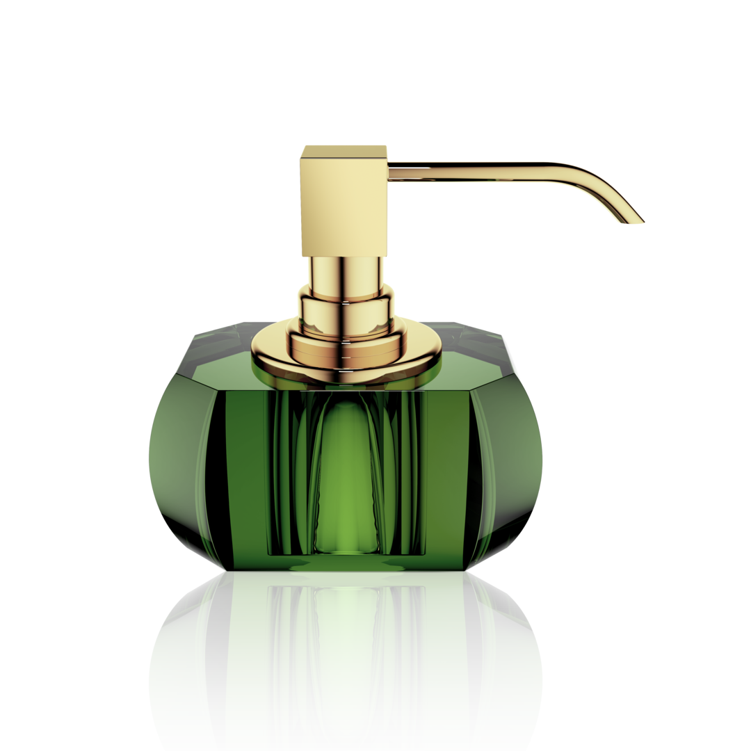 Grüner Seifenspender aus Kristallglas mit goldener Pumpe – hochwertiges Accessoire für das luxuriöse Badezimmer