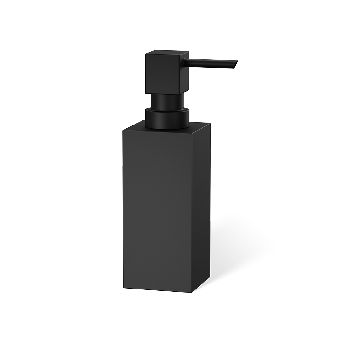 Puristischer freistehender Seifenspender CO SSP aus der Corner-Kollektion von Decor Walther in Schwarz matt, gefertigt aus massivem Messing.