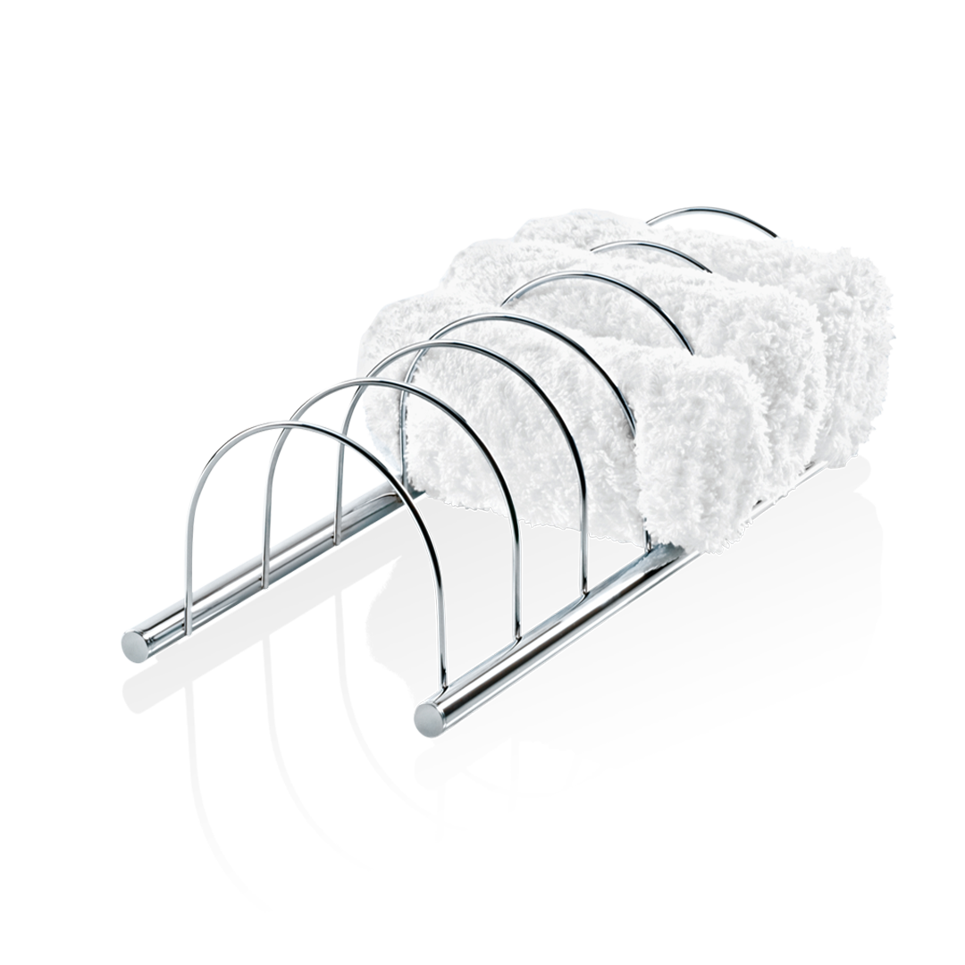 Freistehender oder wandmontierbarer Handtuchhalter DW 221 in Chrom – eleganter Edelstahl-Gästetuchhalter mit minimalistischer, offener Form.