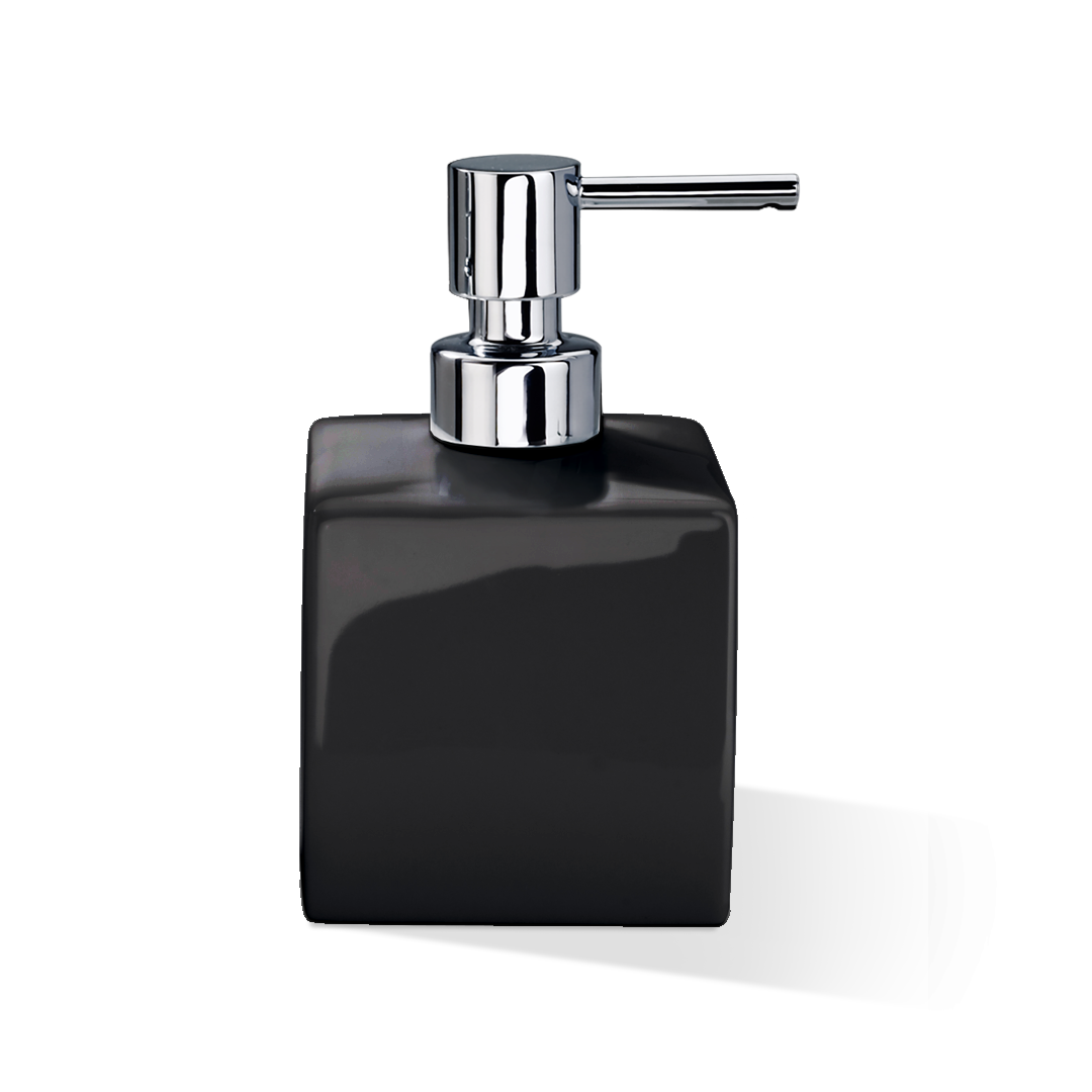 Freistehender Seifenspender DW525 aus schwarzem Porzellan mit Chrom-Pumpkopf von Decor Walther, elegantes modernes Design mit 425-ml-Volumen.