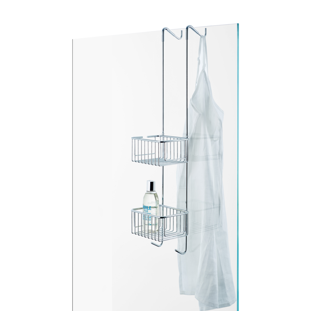 Duschablage Decor Walther DWHGK2 in Chrom – zweistufige Hängeablage aus massivem, veredeltem Messing mit Gummihalterung, ideal zur Aufbewahrung von Shampoo und Duschutensilien.
