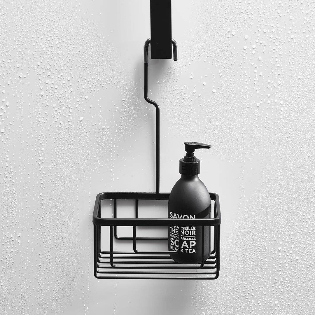 Hängeduschkorb Decor Walther DW227 in Schwarz matt – minimalistischer, rostfreier Duschkorb aus massivem Messing mit Gummischutz und runder Hakenbefestigung.