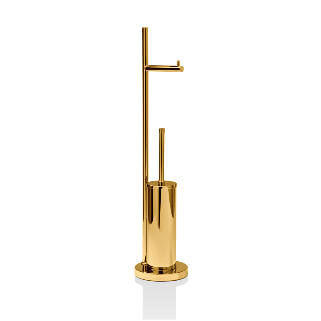 Freistehende WC-Bürstengarnitur Decor Walther DW670 aus massivem Messing in Gold mit integrierter Toilettenpapierhalterung, klassisch und zeitlos gestaltet.