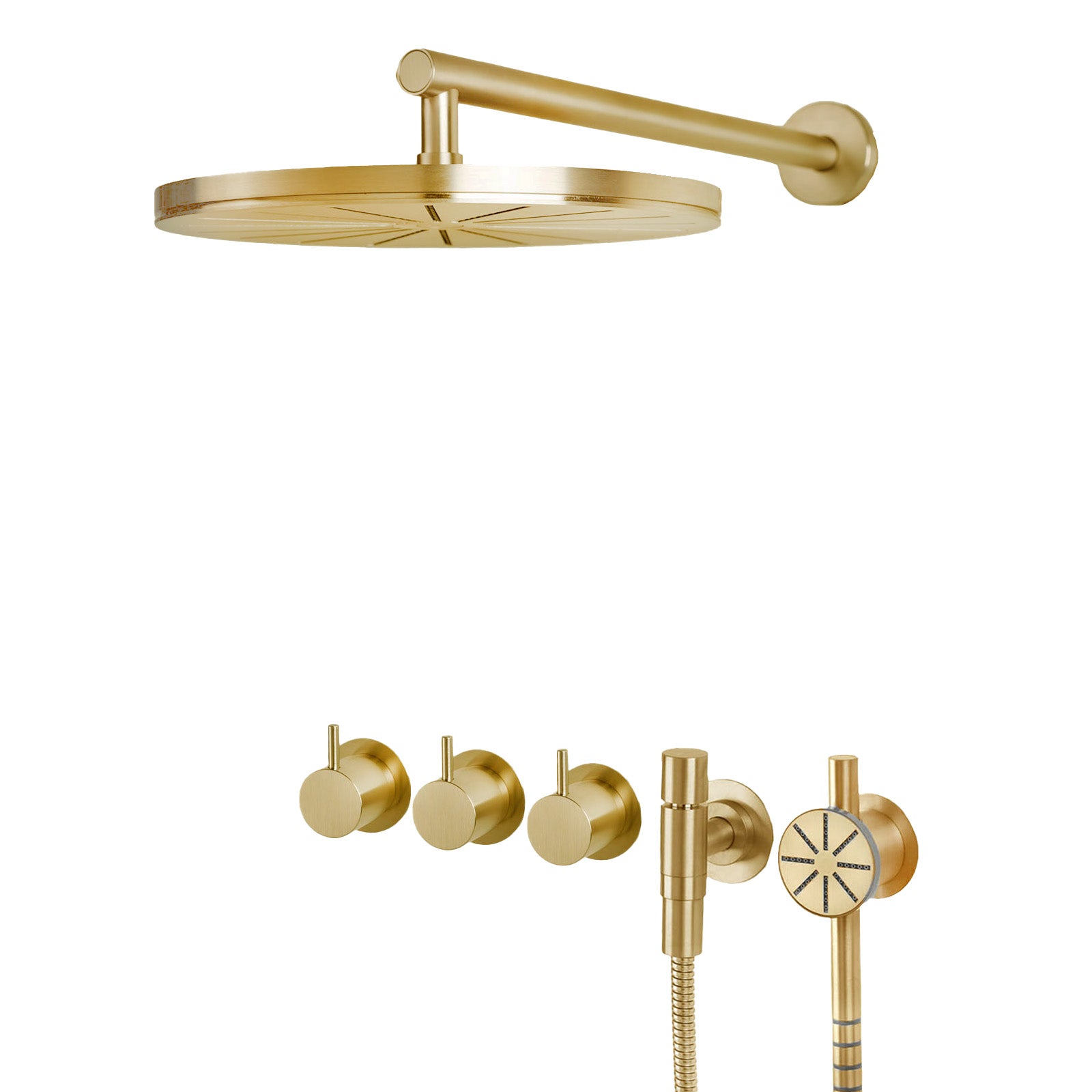 Vola Duschset 5471S-061-70 Gold gebürstet. Regenduschkopf, Handdusche, Thermostat-Mischbatterie, Umsteller. Edelstahl PVD-beschichtet, extravagantes Design. Feinfühlige Steuerung von Wassertemperatur und Strahlkraft.