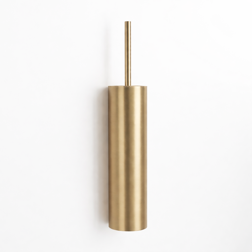 Schlanke Design-WC-Bürste für die Wand von waterevolution aus gebürstetem, unbehandeltem Messing, Made in Portugal – Artikelnummer: A2.41.LE