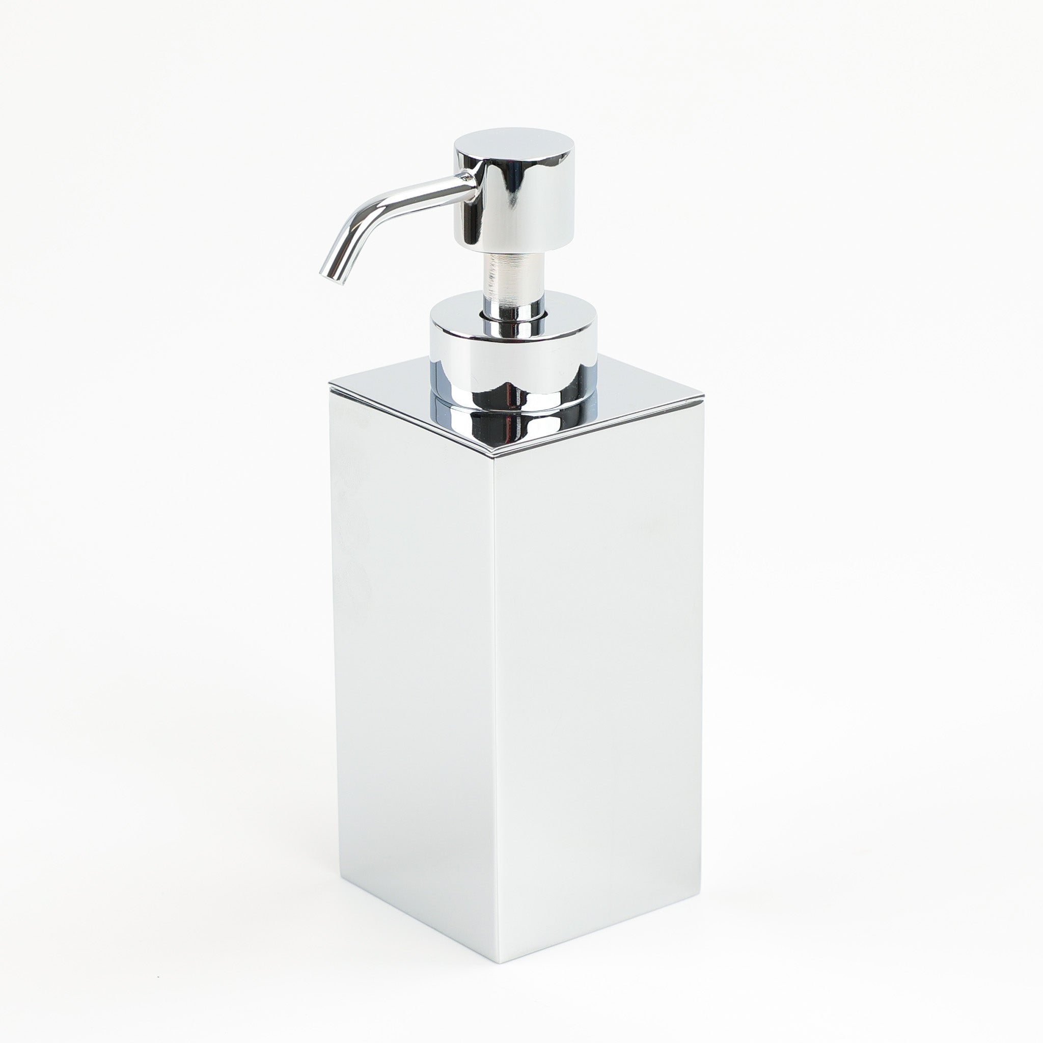 Windisch Mini Seifenspender Chrom Quadratisch, Metallpumpenkopf verchromt mit gebogenen Auslauf, ganze Ansicht