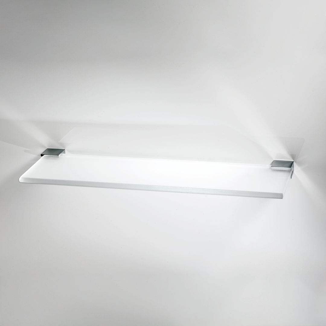 Elegantes Glasregal CO GLA40 in Chrom, 40 cm breit, aus hochwertigem Messing und Glas, verdeckte Wandmontage, ideal für stilvolle Badezimmerorganisation und Präsentation von Accessoires