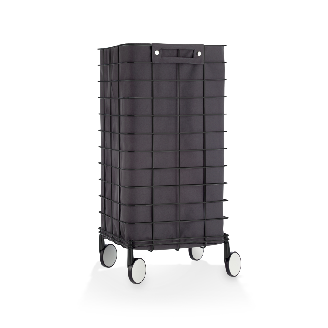 Rollbarer Wäschewagen Decor-Walther WR1 mit schwarzem Gestell und schwarzer Wäschetasche, praktischer Wäschetrolley mit Rollen und herausnehmbarer, wasserabweisender Tasche.