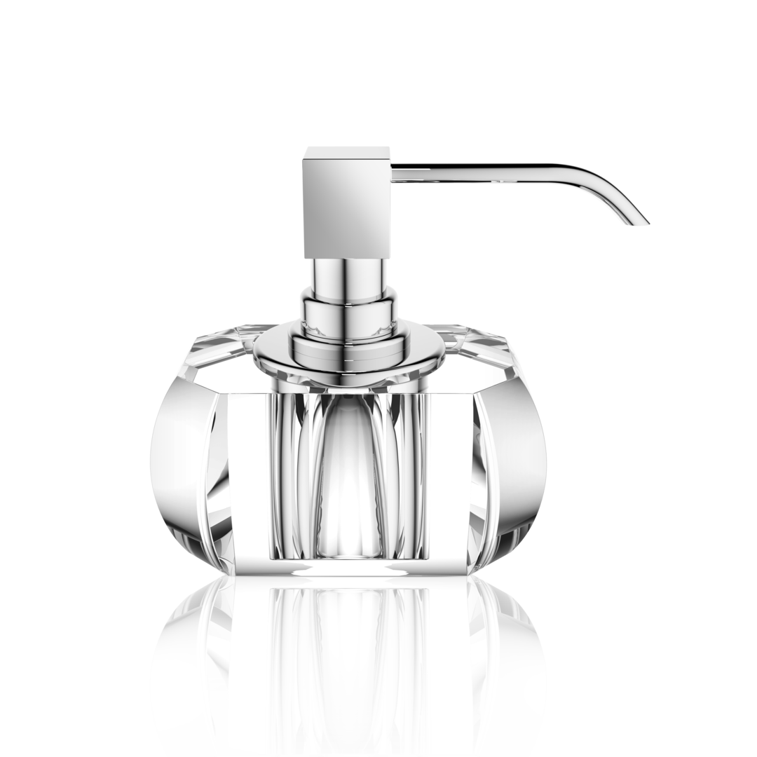 Eleganter Seifenspender aus klarem Kristallglas mit glänzendem Chrom-Pumpenkopf – stilvolles Badaccessoire mit edler Transparenz.