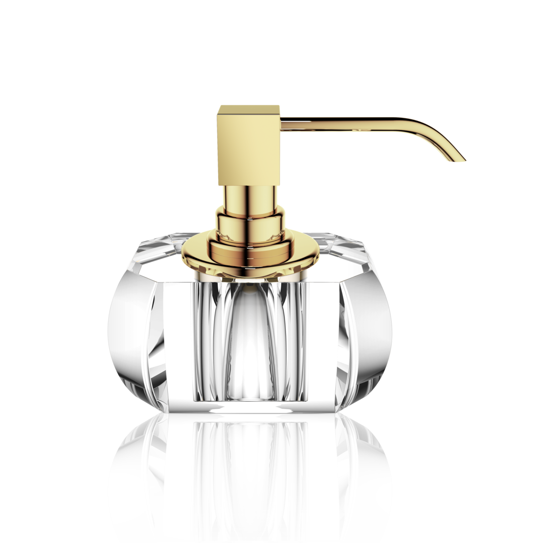Hochwertiger Seifenspender aus massivem Kristallglas in Klar, goldene Pumpe – eleganter Seifenbehälter für modernes Badezimmerdesign