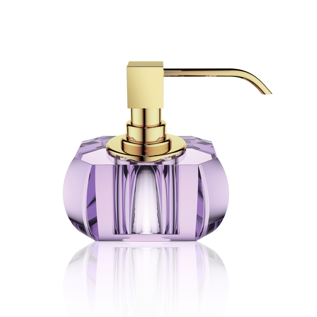 Design Seifenspender in Violett aus Kristallglas mit goldener Pumpe – stilvoller Blickfang fürs Waschbecken