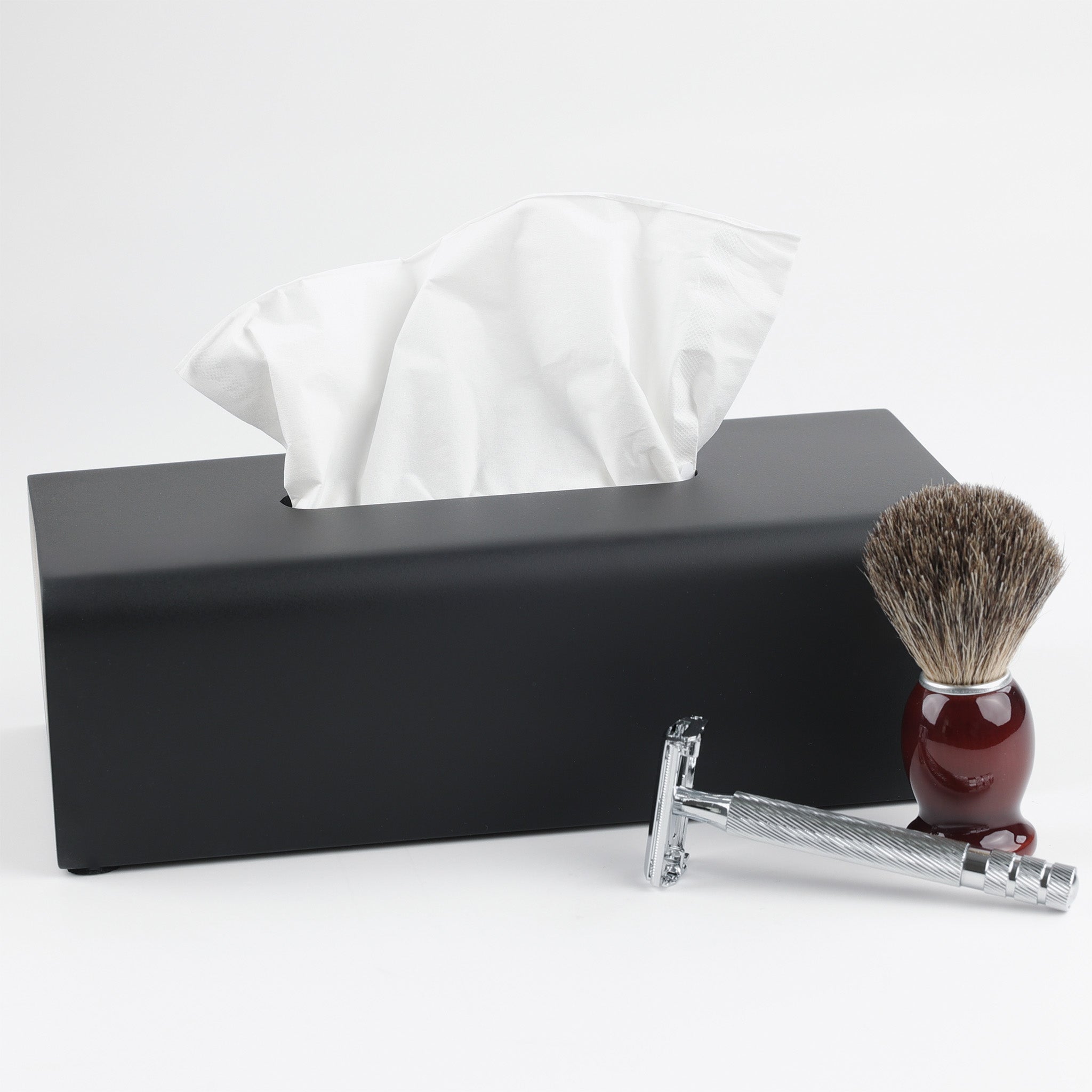 Rechteckiger Kosmetiktuchspender Stone Black von Decor Walther-Schwarz Matt-puristisches Design-abgerundete Ecken-mit Rasierzeug
