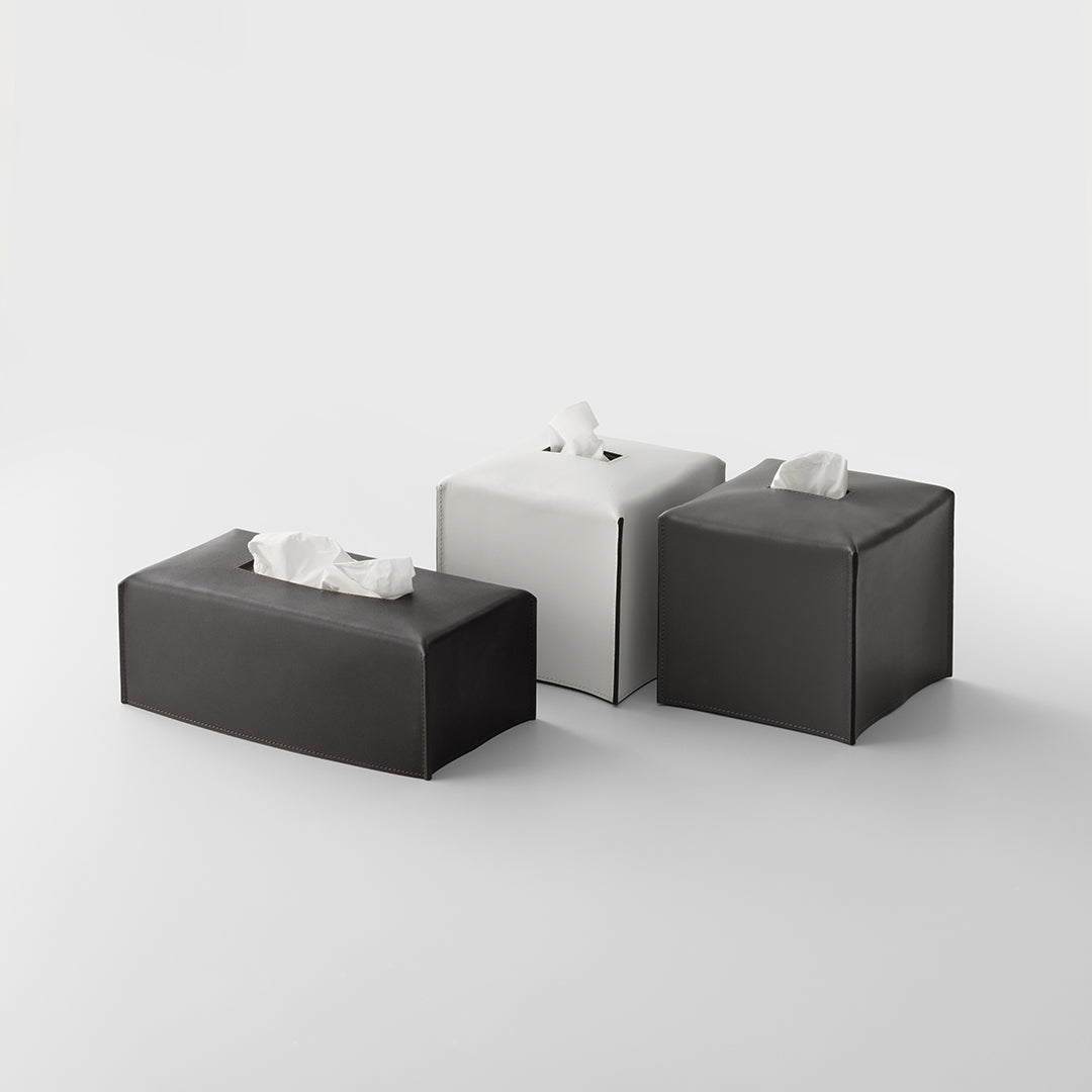 Handgefertigte Papiertuchbox Decor-Walther Nappa KB und KBQ in Schneeweiß, Schwarzbraun und Rauchgrau aus echtem Nappaleder mit feinen Ziernähten, elegante Kosmetiktuchbox für Bad und Wohnbereich