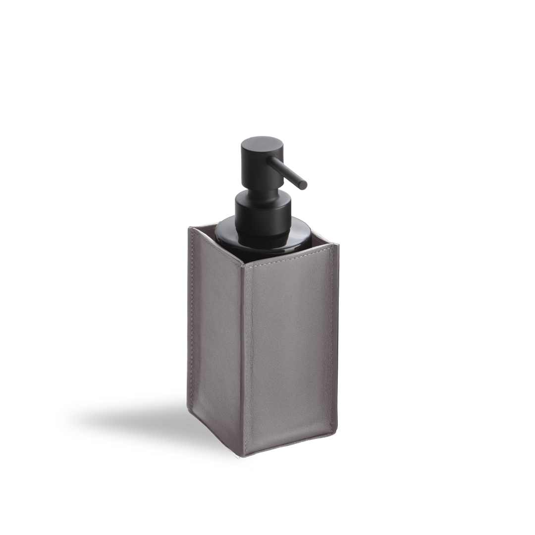 Rauchgrauer Seifenspender Decor-Walther Nappa SSP aus echtem Nappaleder mit handgearbeiteten Ziernähten, elegantes Badaccessoire für Flüssigseife oder Lotion, Artikelnummer: 0939093