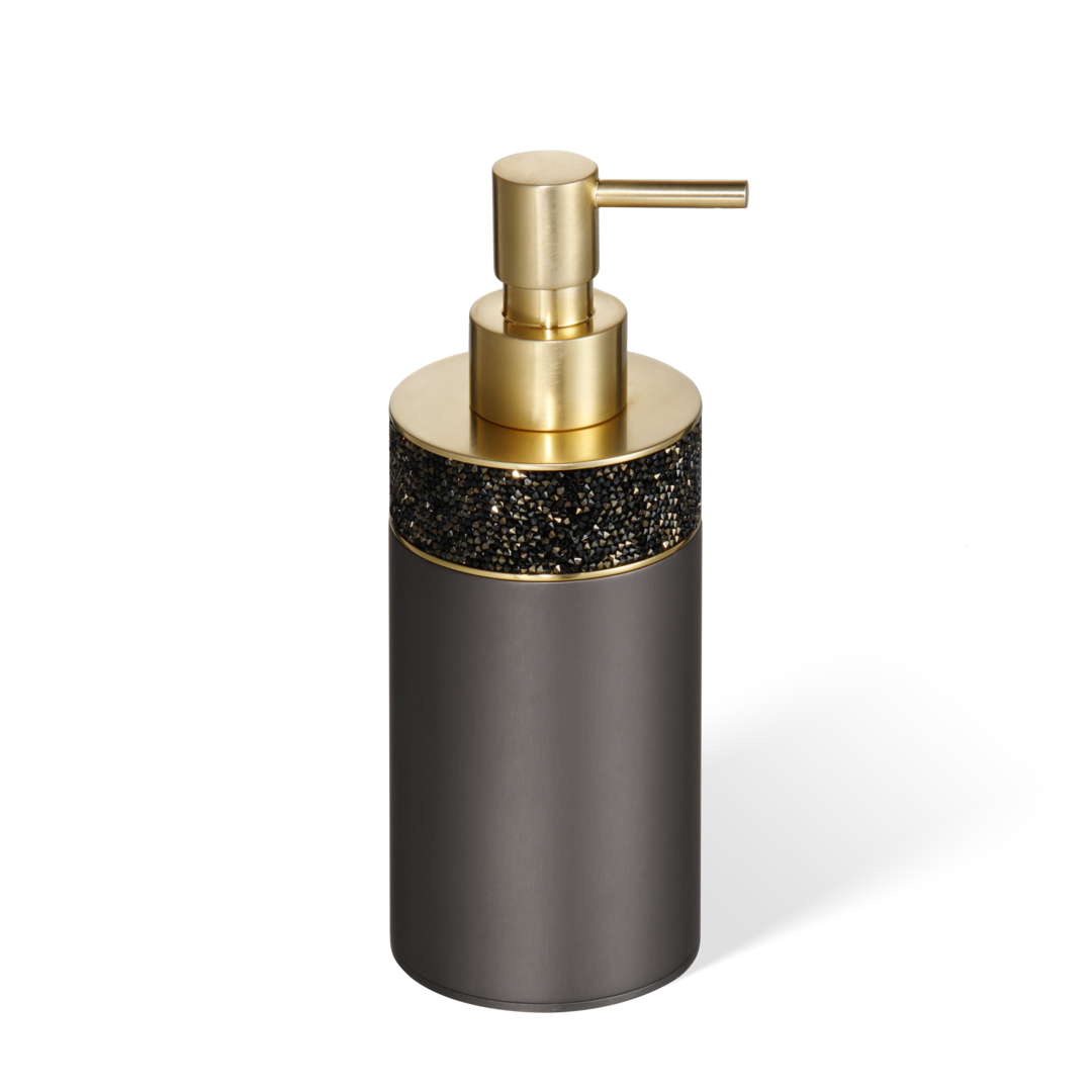 Edler Seifenspender der Rocks-Kollektion in Dark Metal matt mit goldmatter Akzentleiste und funkelnden Swarovski-Kristallen.