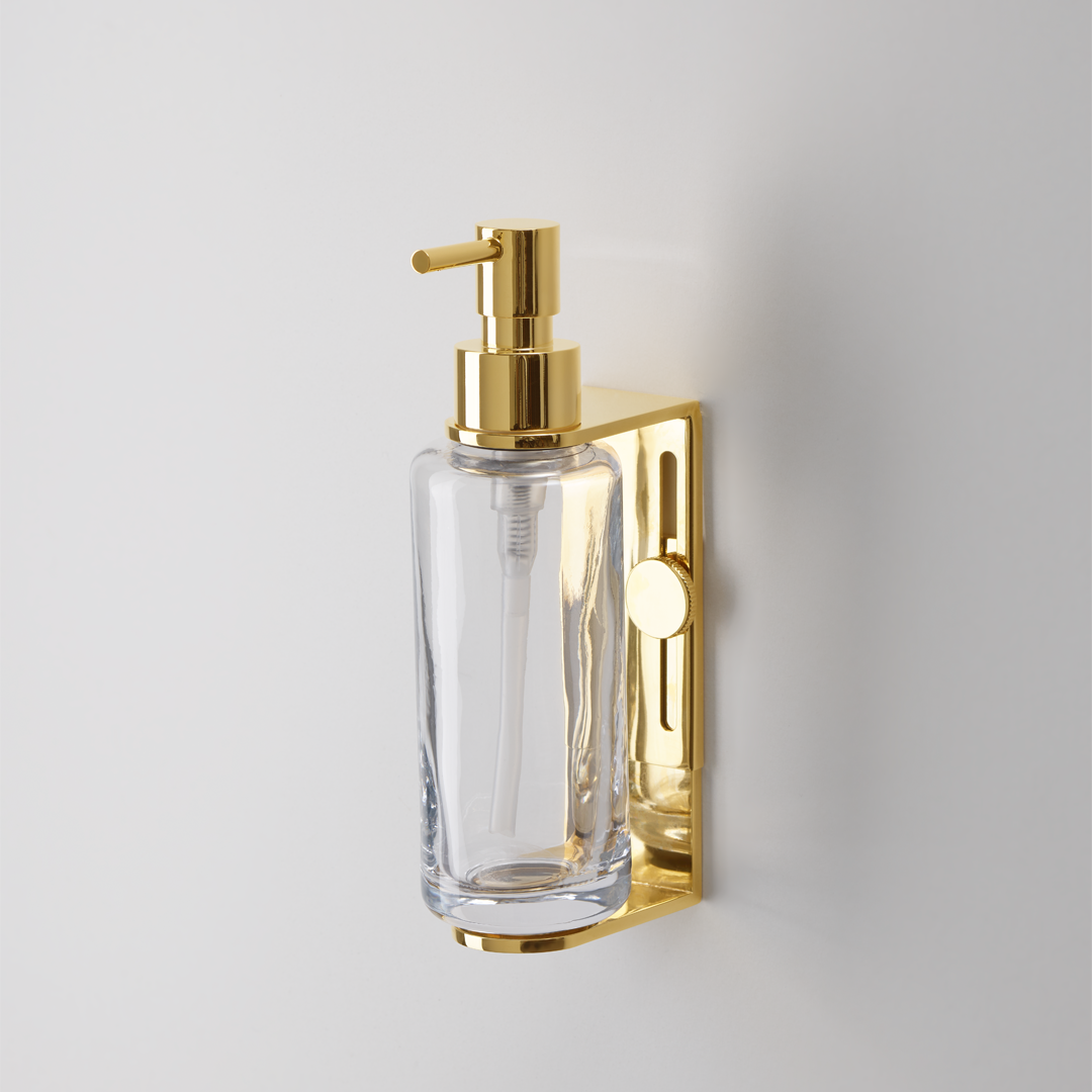 Luxuriöser Wandhalter für Seifenspender in Gold 24 Karat von Decor Walther, eleganter Messing-Halter für Bad und Gäste-WC – Artikelnummer: 0859820