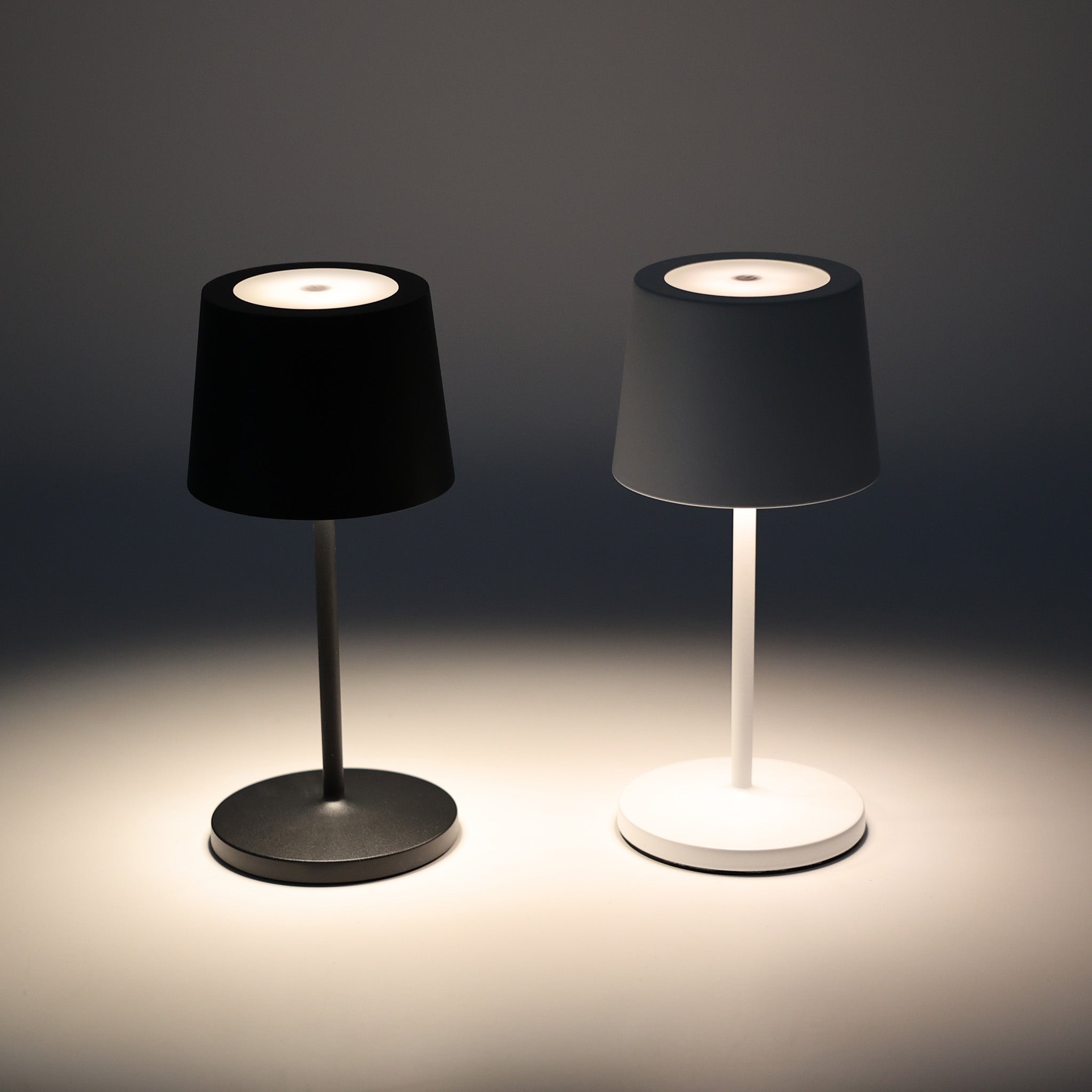 Zeitlose Tischleuchte GO Mini in Schwarz matt und Weiß matt – dimmbar, tragbar und aus hochwertigem Aluminium für flexible Lichtgestaltung.