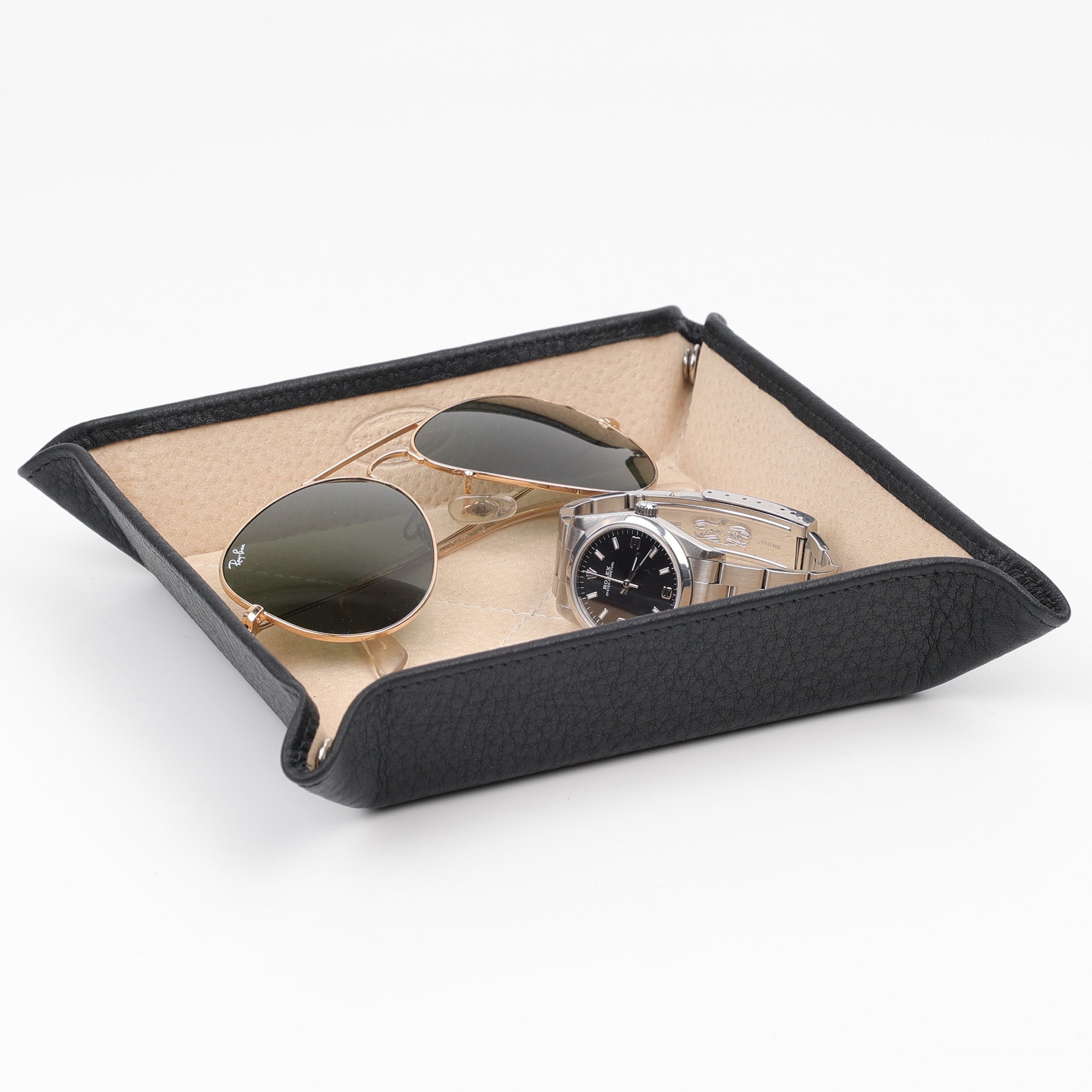 Leder Ablageschale Schwarz mit Uhr und Brille – Valet Tray für Herren