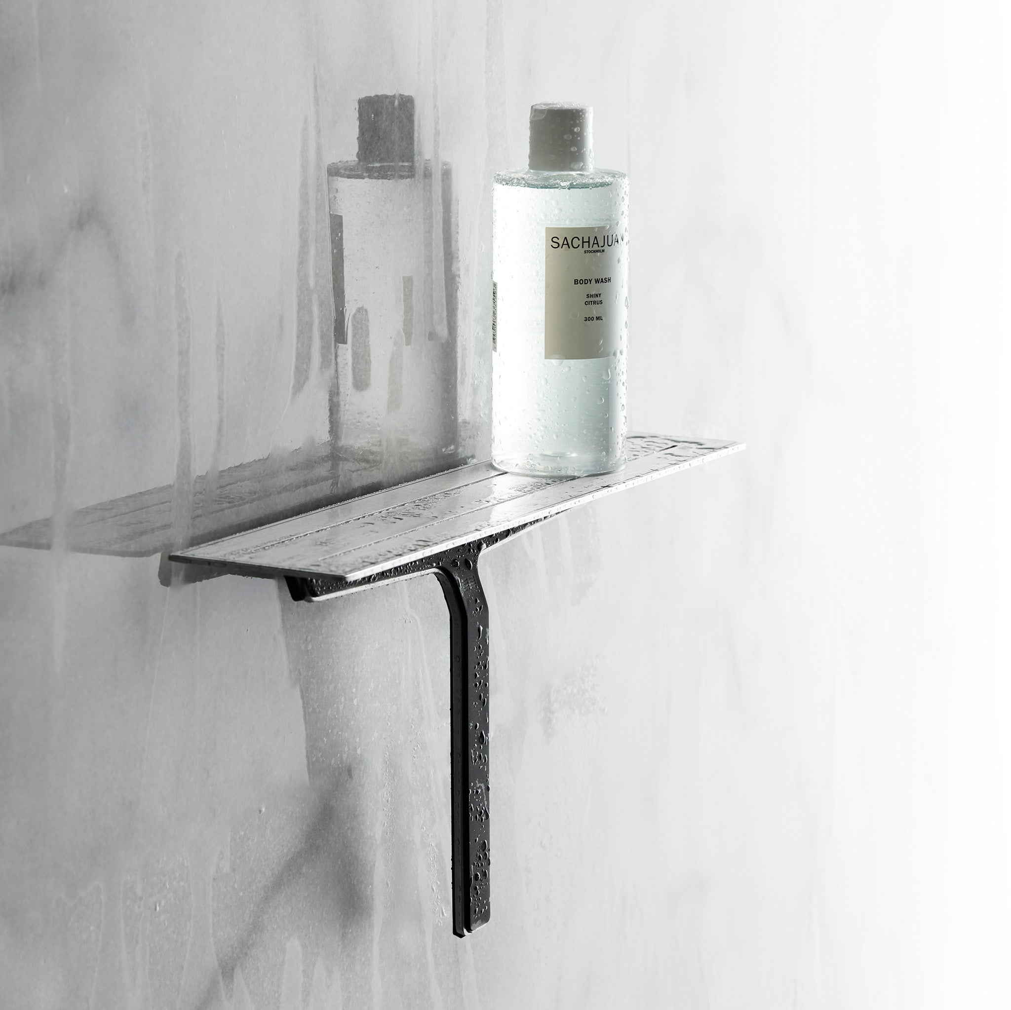 Elegantes Set aus polierter Edelstahl-Duschablage mit integriertem Glasabzieher – stilvolle Lösung für moderne Badezimmer.