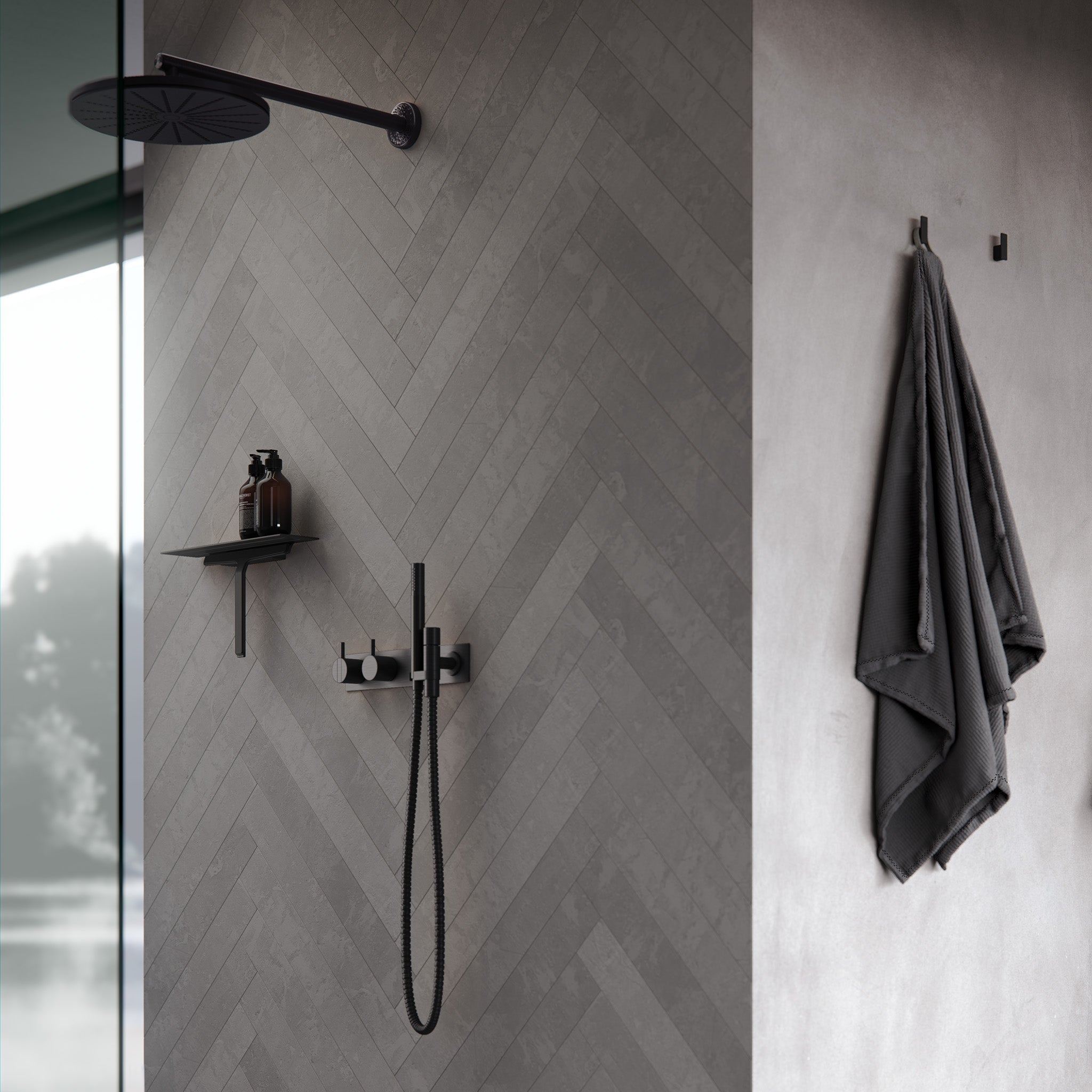 Modernes Set aus schwarzer Duschablage und magnetischem Duschabzieher – minimalistisches Badaccessoire für luxus Duschen.
