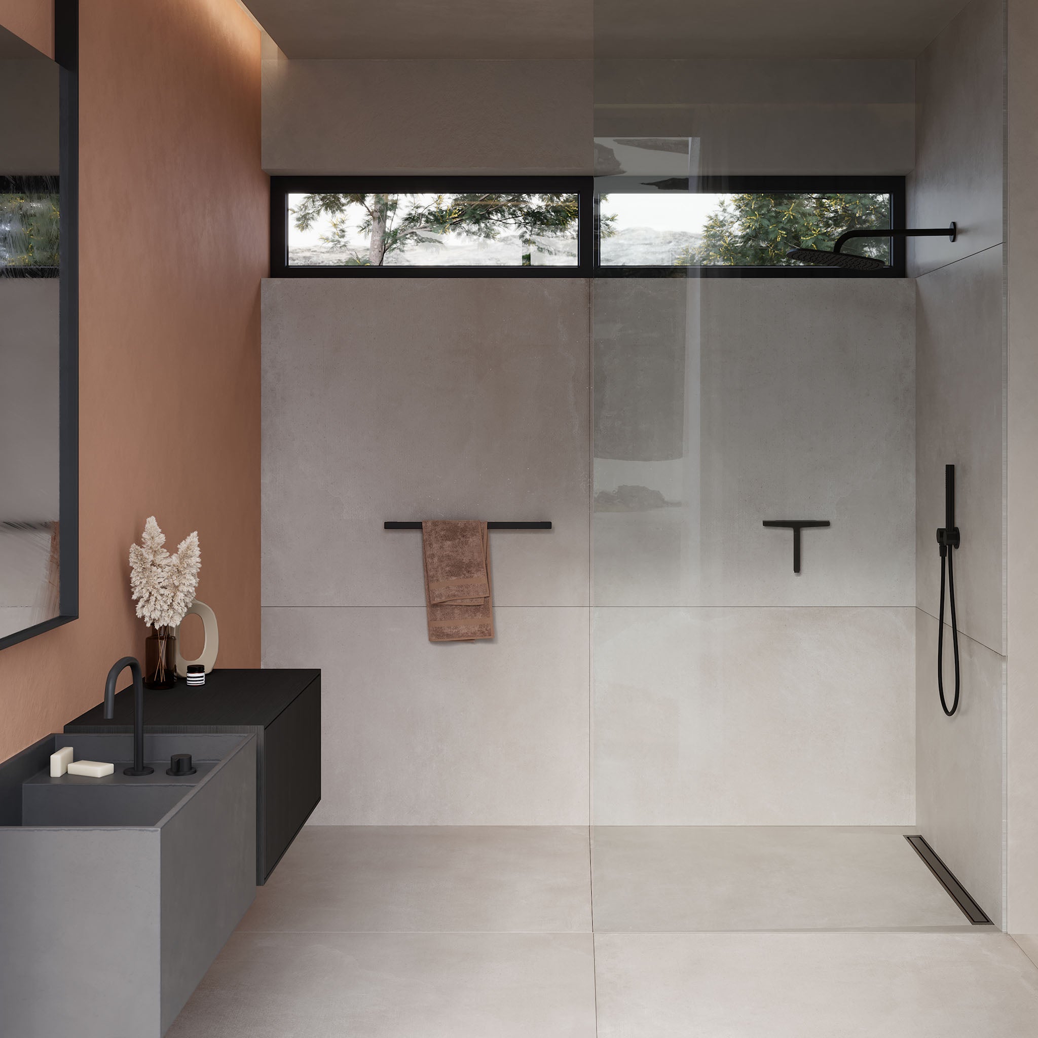 Minimalistischer Glaswischer in gebürstetem Schwarz mit cleverer Wandhalterung – elegantes Badaccessoire für die Dusche.