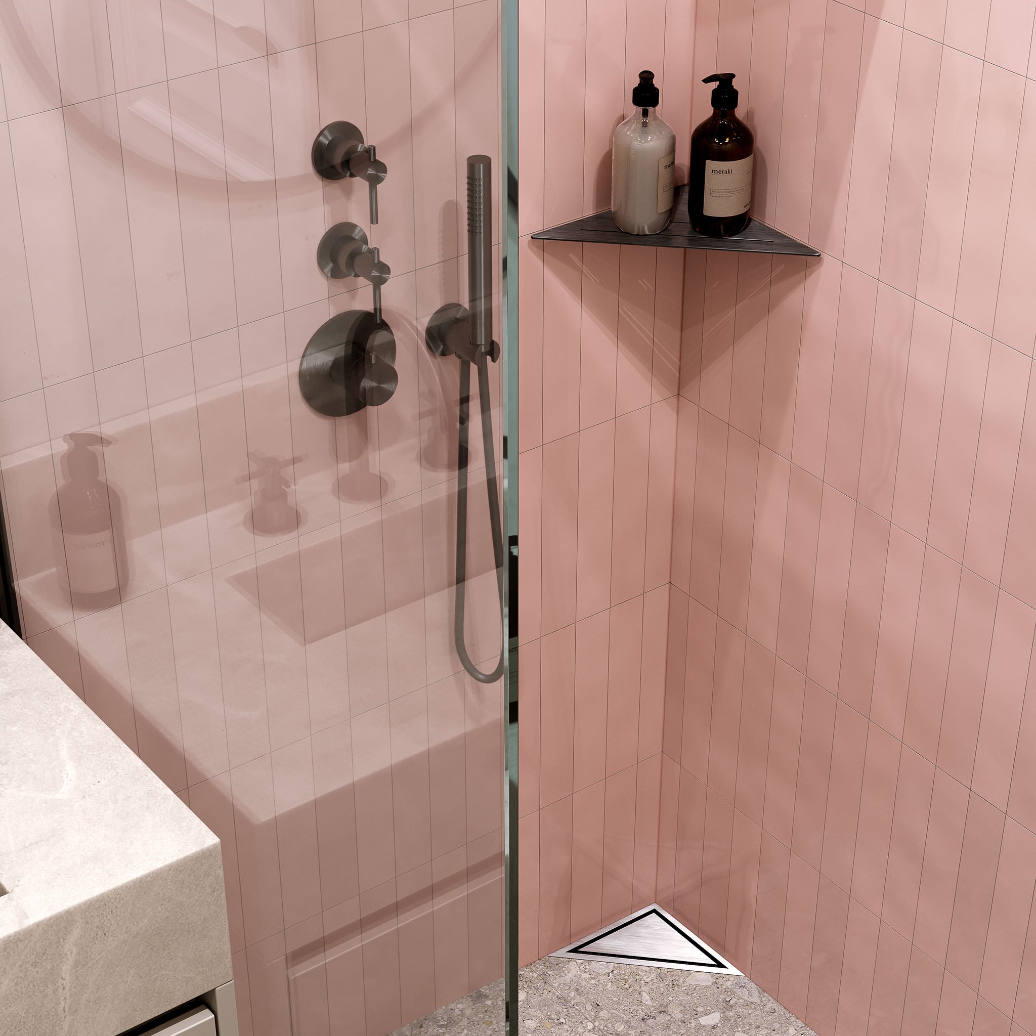 Moderne Eckduschablage in gebürstetem Schwarz – minimalistisches Accessoire für die praktische Aufbewahrung in der Dusche.