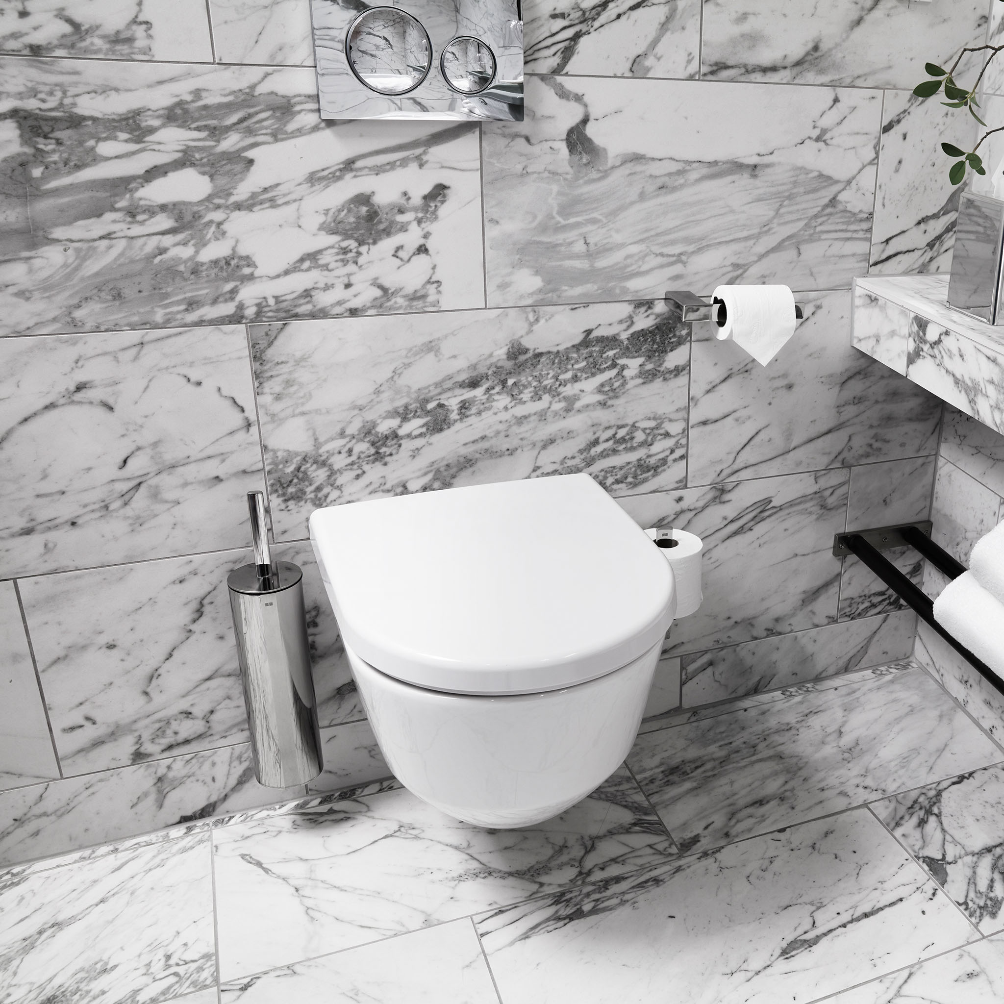 Glänzende Toilettenbürste aus poliertem Edelstahl mit herausnehmbarem Innenbehälter – edle Lösung für die Badezimmerhygiene.
