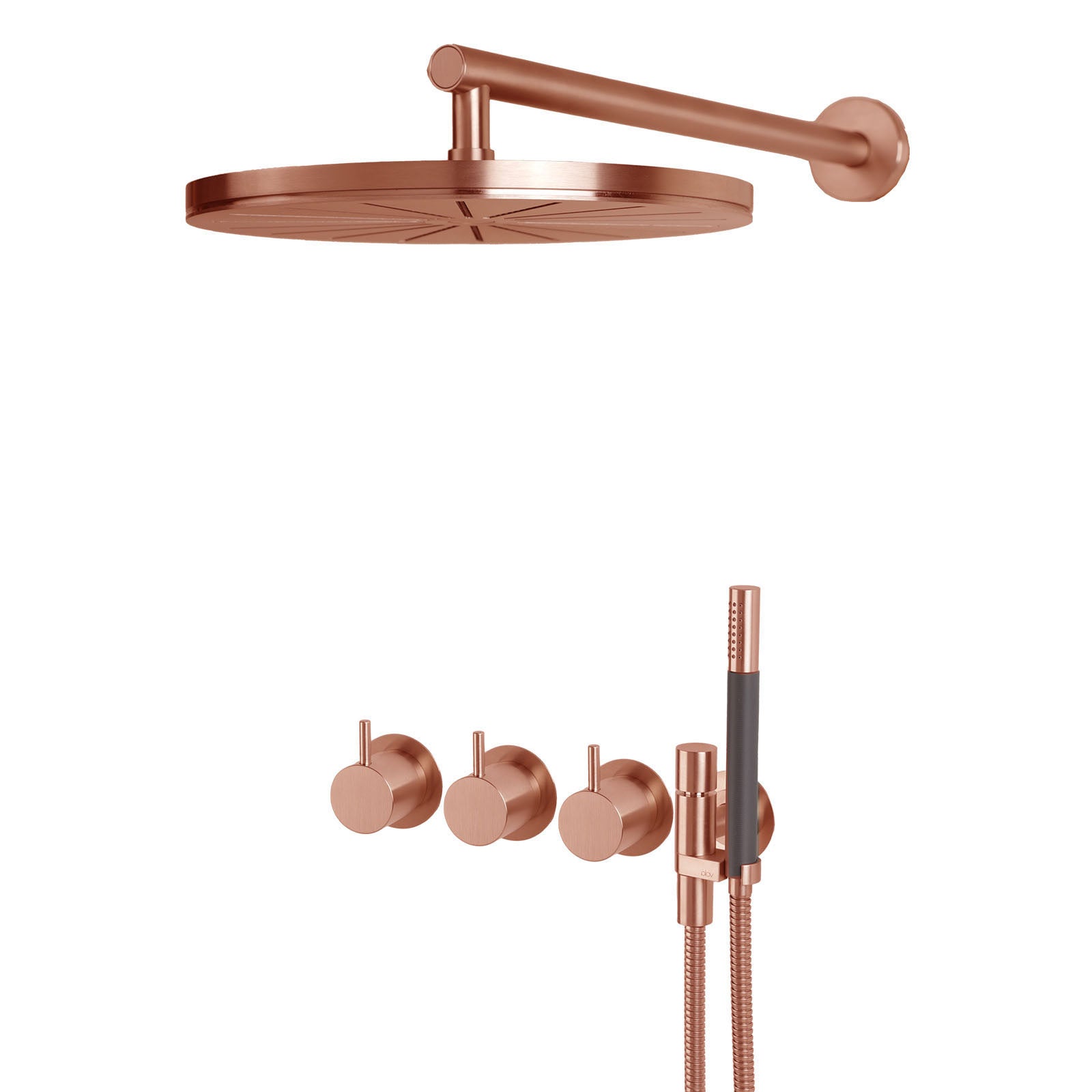 Vola 5471R-061 Thermostat-Duschset in Kupfer gebürstet mit Regenbrause und Stabhandbrause – warmes PVD-Finish für luxuriöse Badgestaltung.