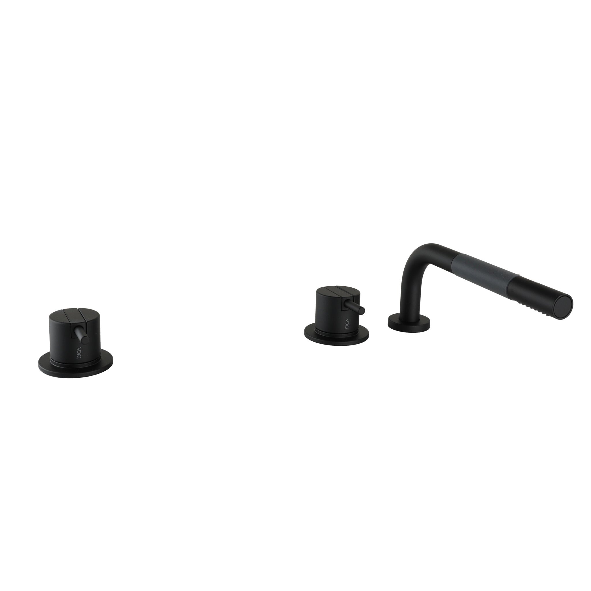 Moderne Vola SC3 Badewannenarmatur in Schwarz matt mit zwei Einhebelmischern und versenkbarer Winkelhandbrause – minimalistische Lösung für Designbäder.