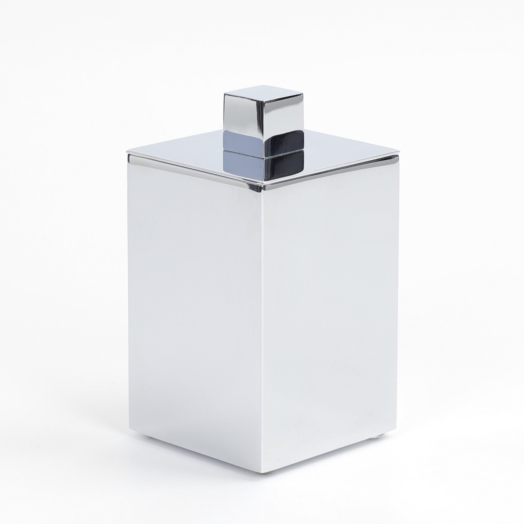 Box Addition Aufbewahrungsdose von Windisch, quaderförmiger Behälter aus verchromten Messing, Deckel mit würfelförmigen Griff, zeitloses Design für Ihr Bad