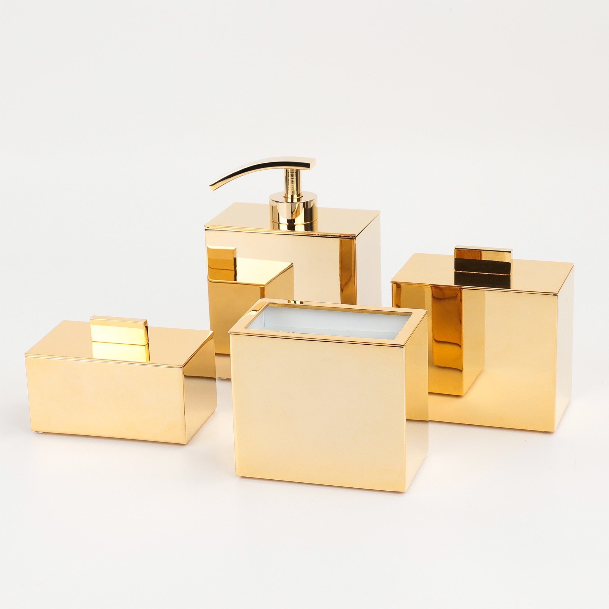 Sortimentgruppe der Box Linear Prduktserie von Windisch aus Barcelona in 24-Karat-Gold-Optik, modernes Design, ideal für elegante Badezimmer und Gäste-WCs