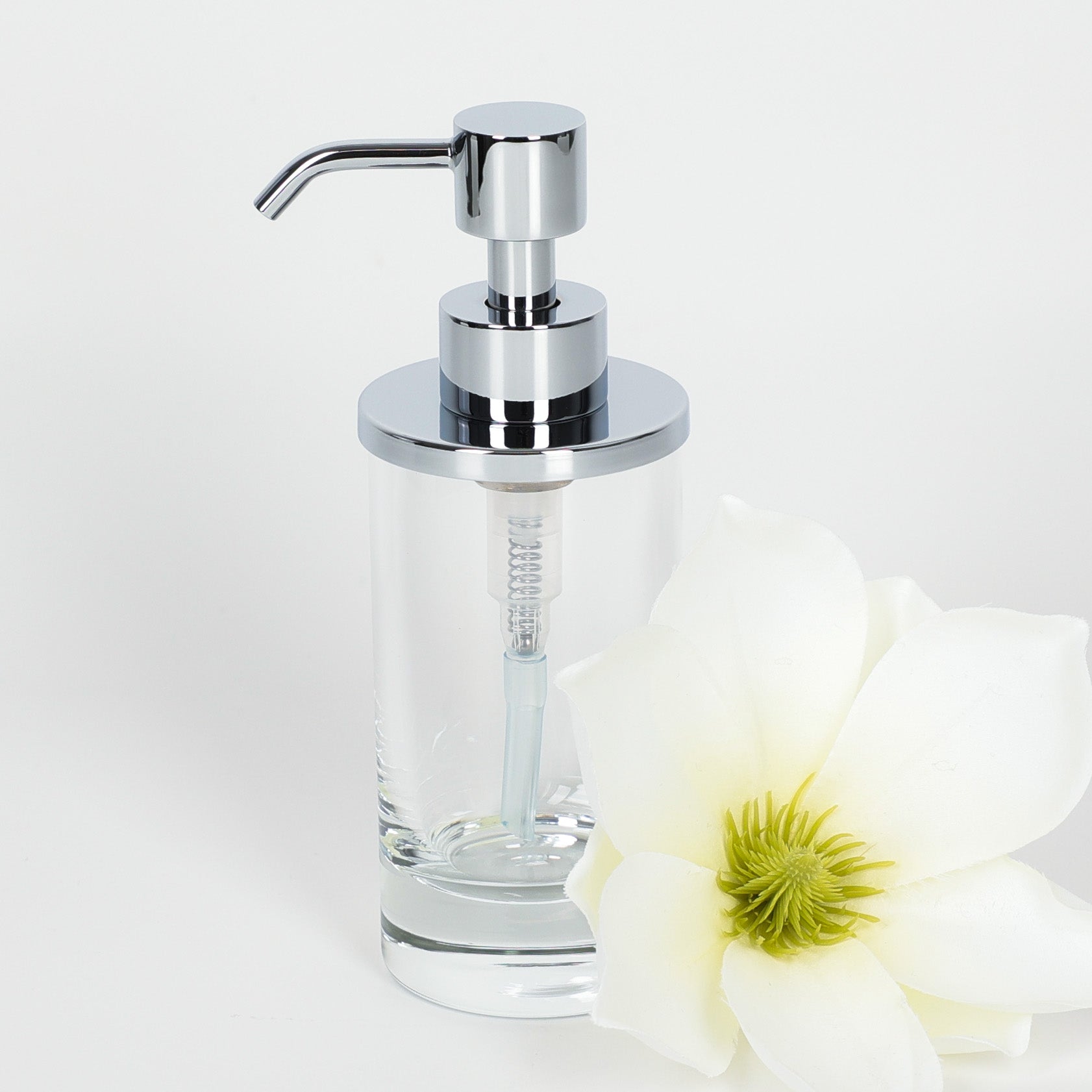 Windisch Glasseifenspender mit Chromkopf, puristisches Design für Flüssigseife oder Bodylotion, dekoriert mit Blume