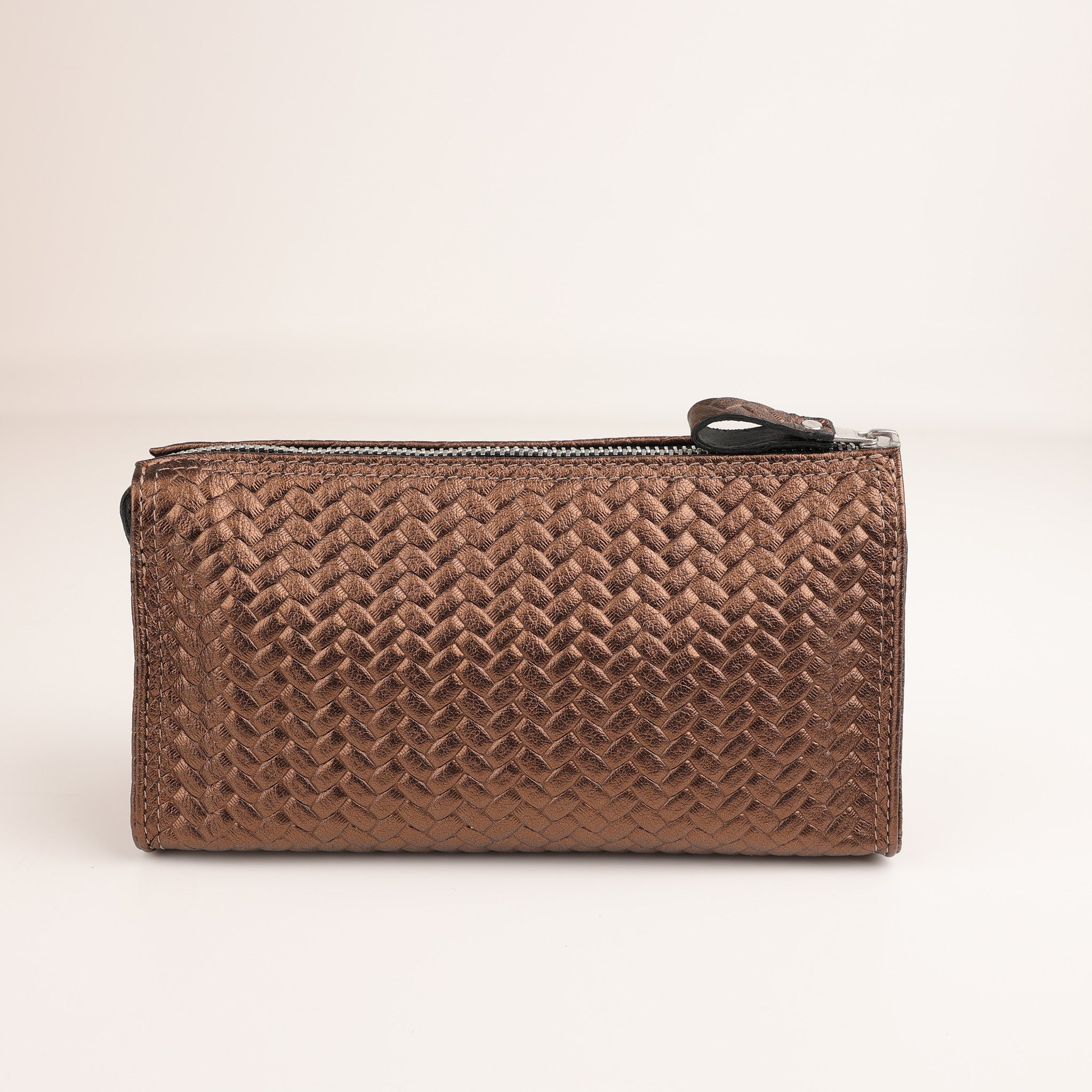Bronze Kosmetiktasche mit Flechtmuster aus Leder von F. Hammann