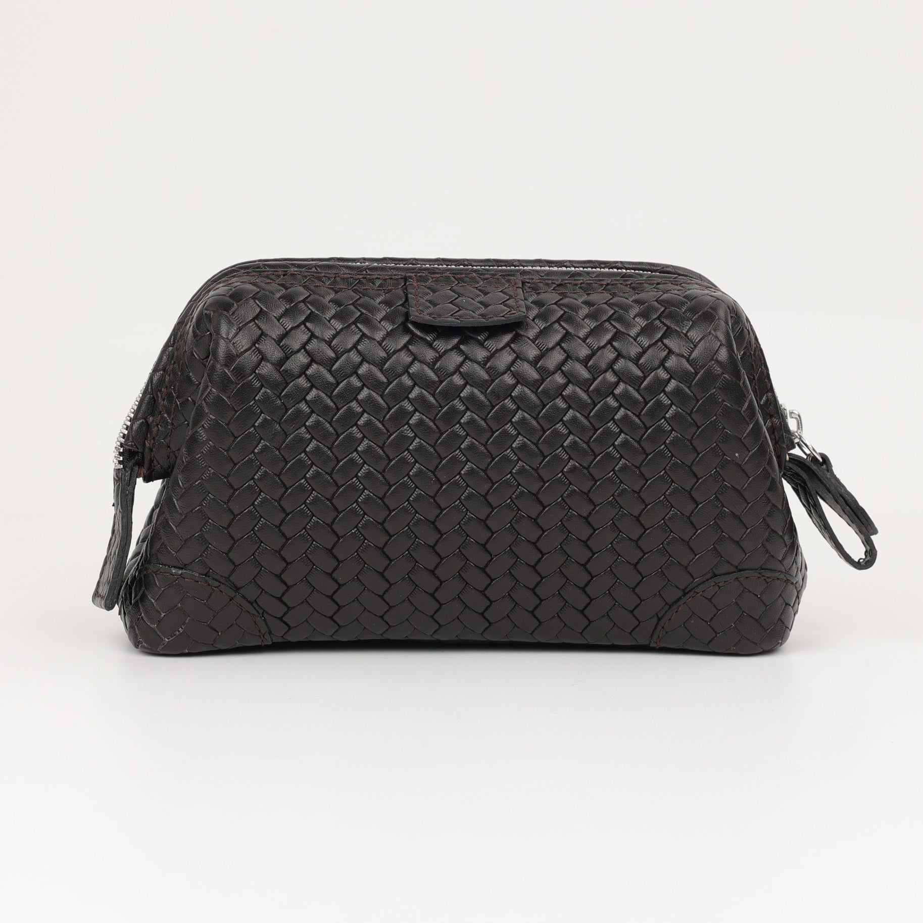 Dunkelbraune Kosmetiktasche mit Flechtmuster aus Leder von F. Hammann