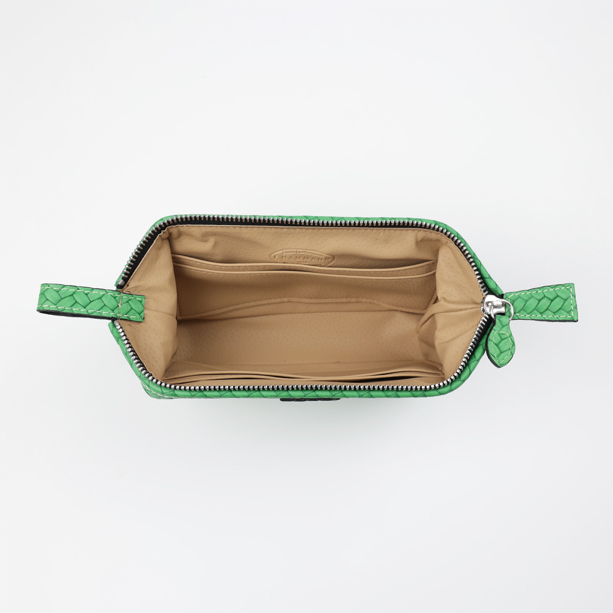 Handgefertigte Leder Kosmetiktasche mit grünem Flechtmuster und zwei Innenfächern
